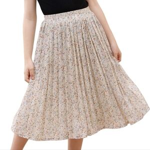 Manydress beige floral chiffon pleated elastic high waist a line midi skirt